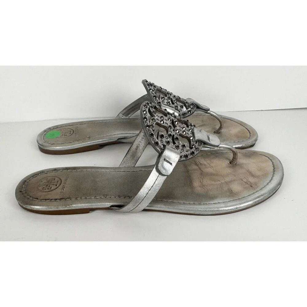 Tory Burch Miller Embellished Silver Women's Sandals Size US 10